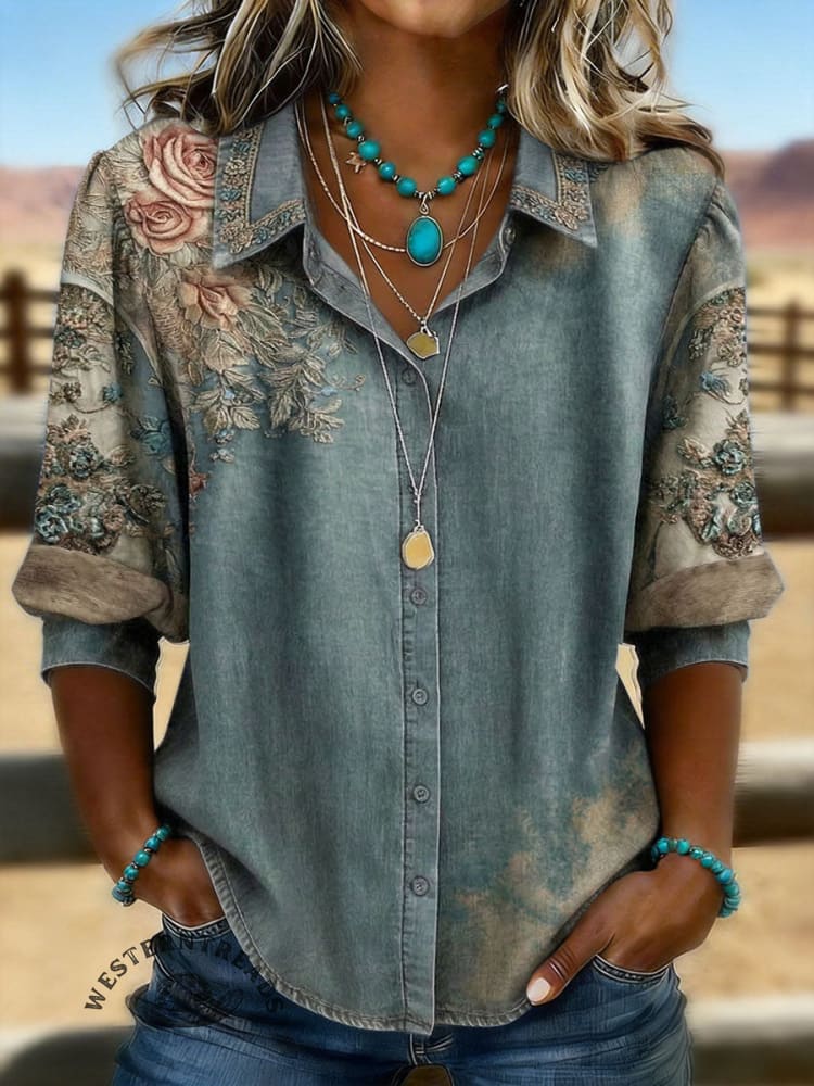 Vintage Floral Print Casual Puff Sleeve Denim Shirt