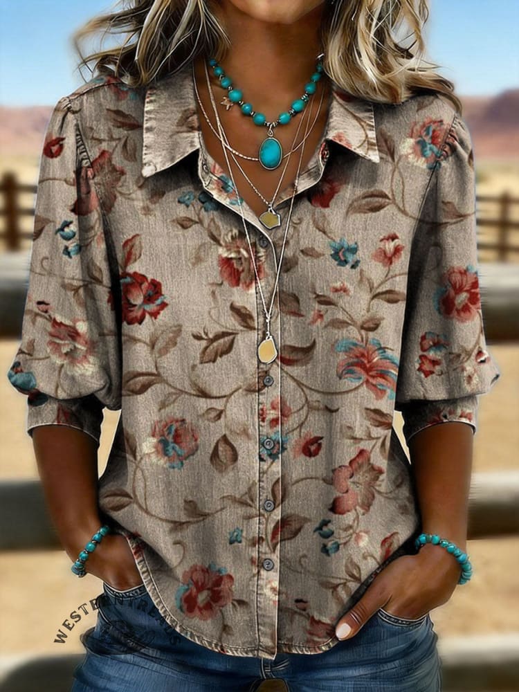 Vintage Floral Print Casual Puff Sleeve Denim Shirt