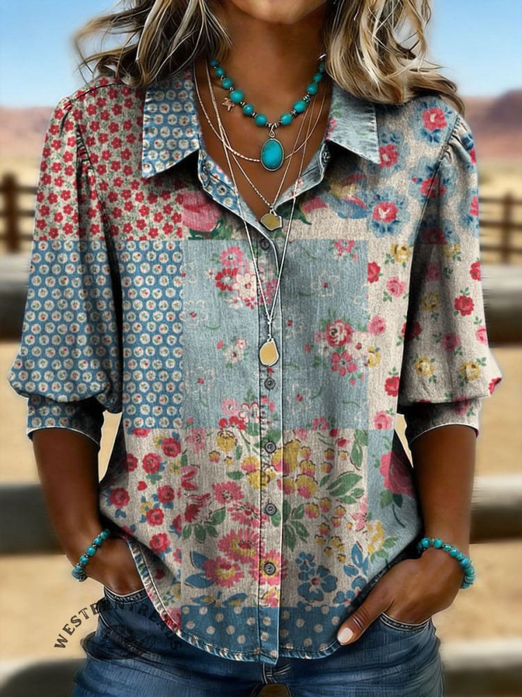 Vintage Floral Print Casual Puff Sleeve Denim Shirt