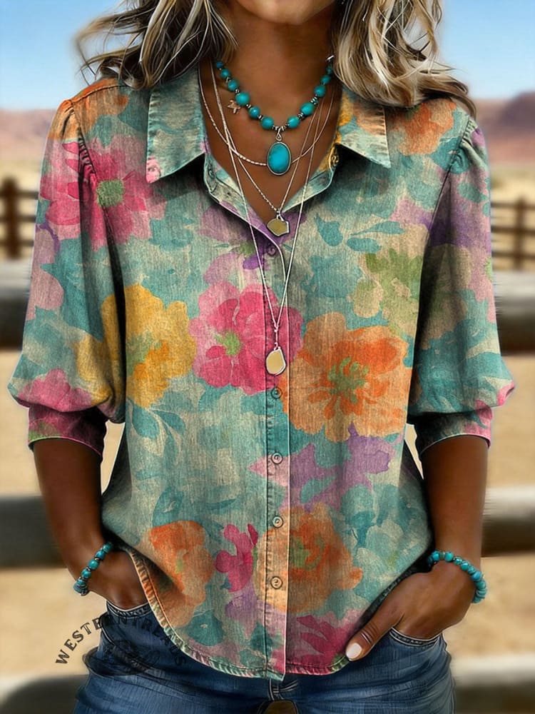 Vintage Floral Print Casual Puff Sleeve Denim Shirt