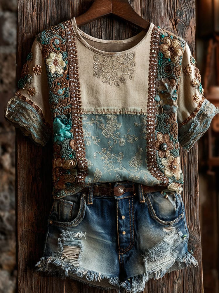 Vintage Floral Print Casual Short Sleeve T-shirt