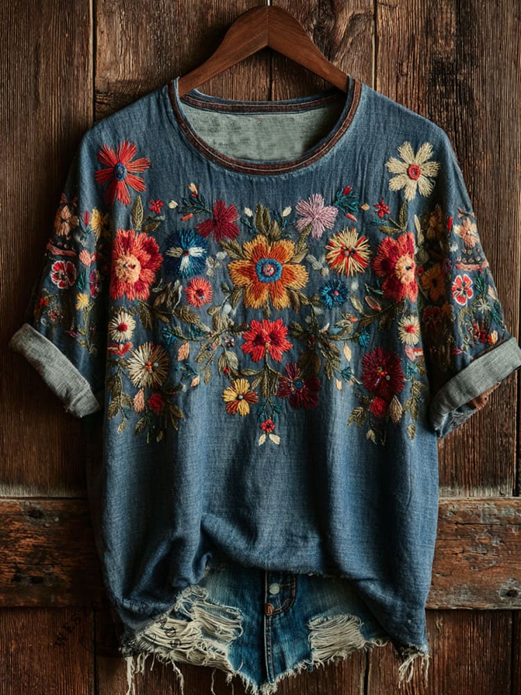 Vintage Floral Print Casual Short Sleeve T-shirt
