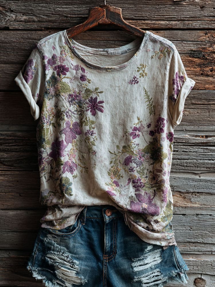 Vintage Floral Print Casual Short Sleeve T-shirt