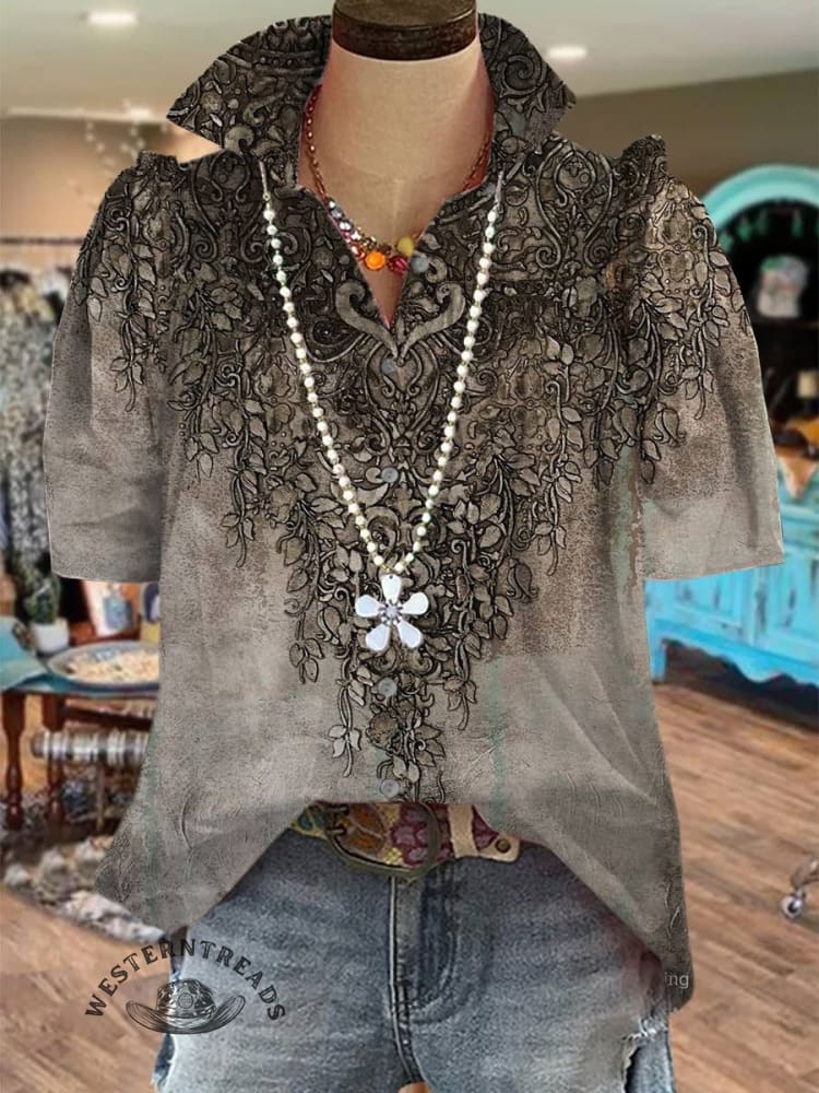 Vintage Floral Print Casual Short Sleeve Top - Image 3