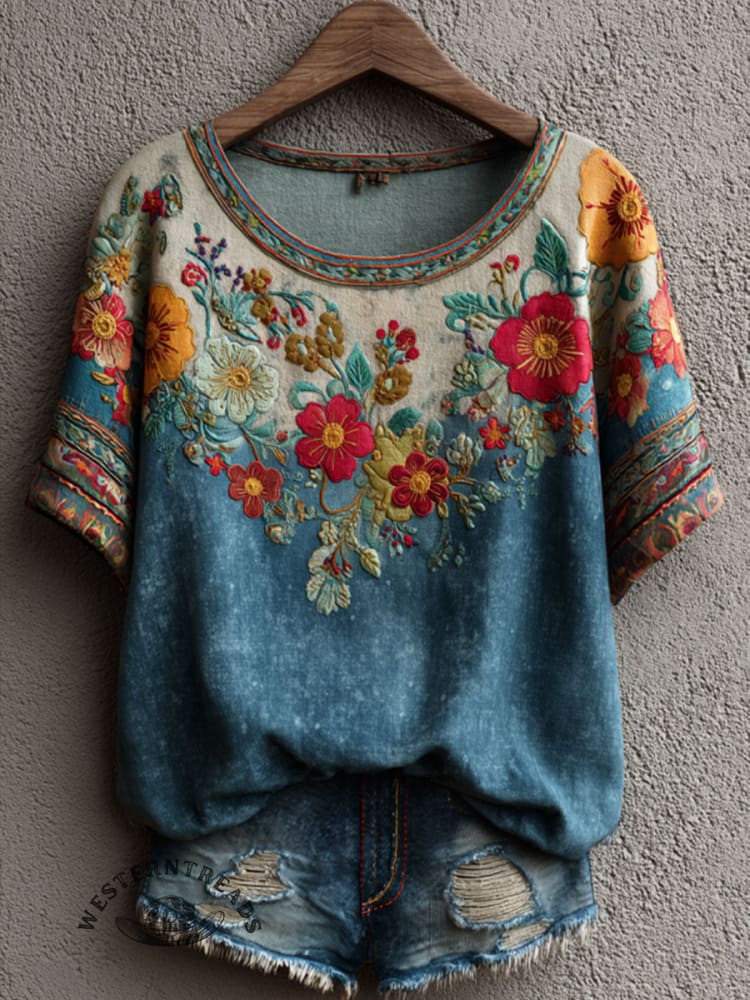 Vintage Floral Print Casual Short Sleeved T-shirt