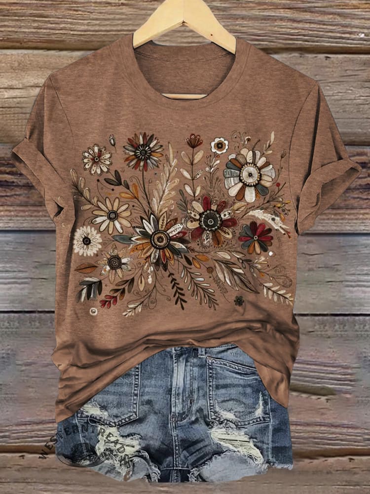 Vintage Floral Print Casual Short-sleeved Top