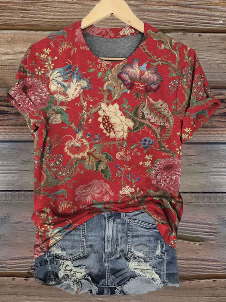 Vintage Floral Print Casual T-shirt
