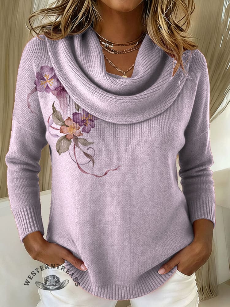 Vintage Floral Print Cowl Neck Sweater - Image 2