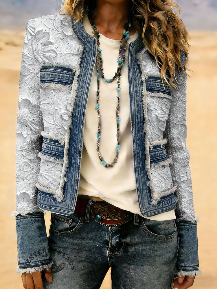 Vintage Floral Print Patchwork Denim Jacket