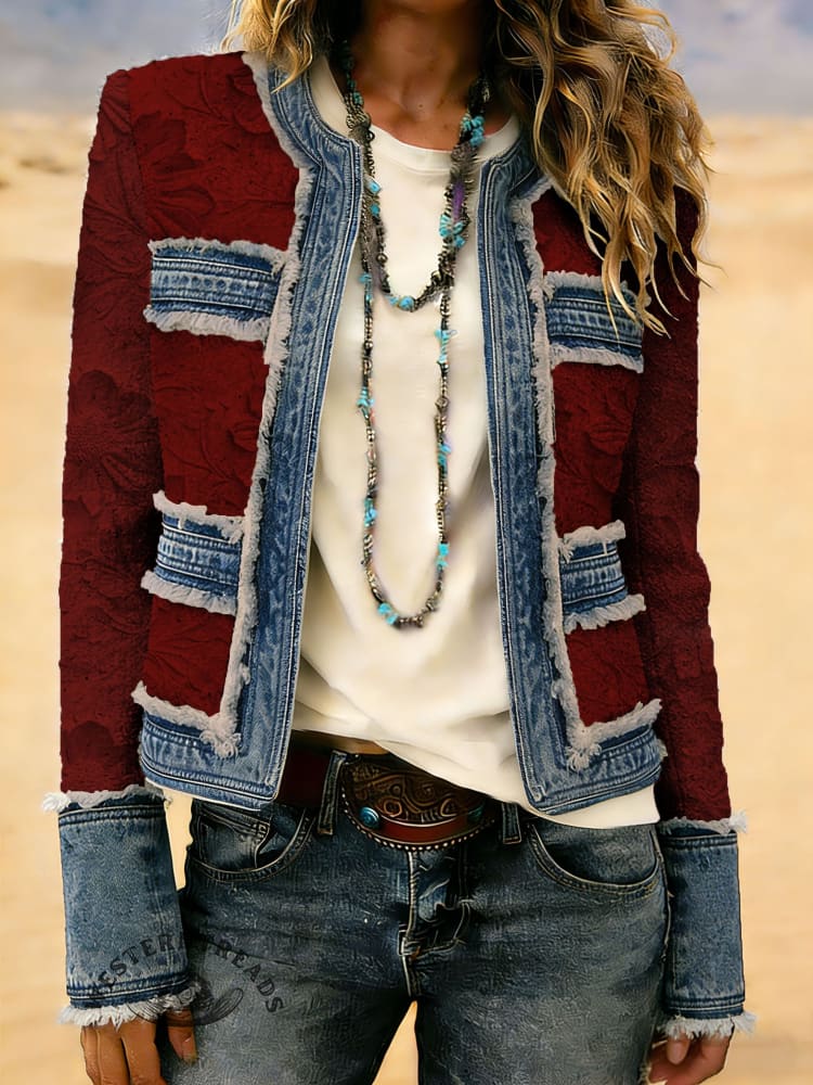 Vintage Floral Print Patchwork Denim Jacket - Image 3