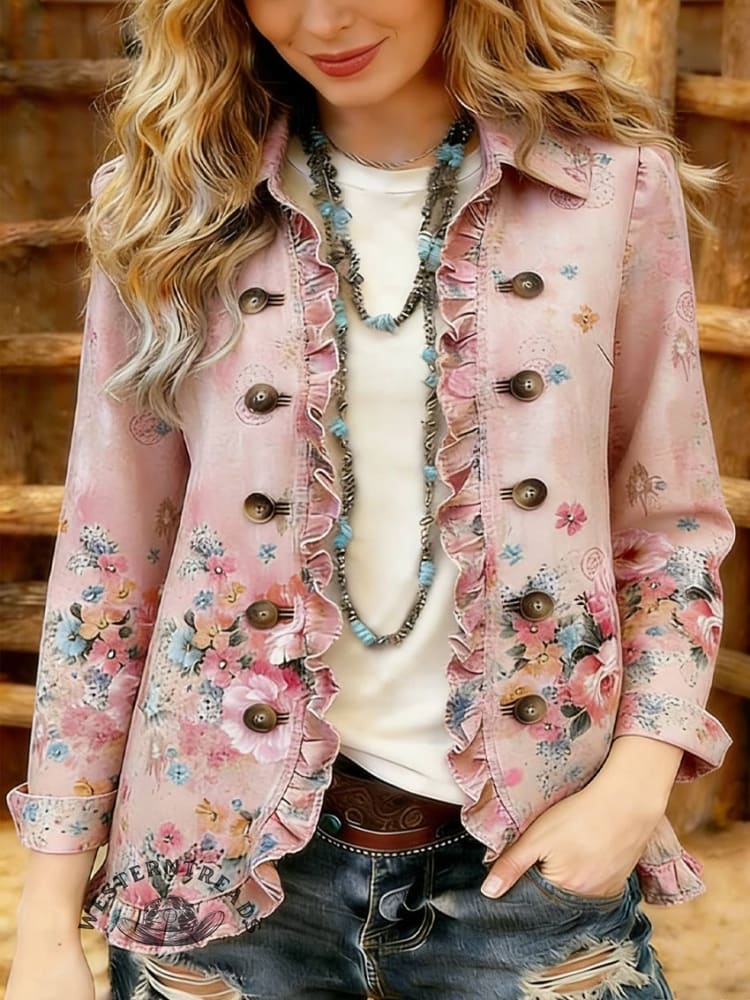 Vintage Floral Print Ruffle Trim Collared Jacket