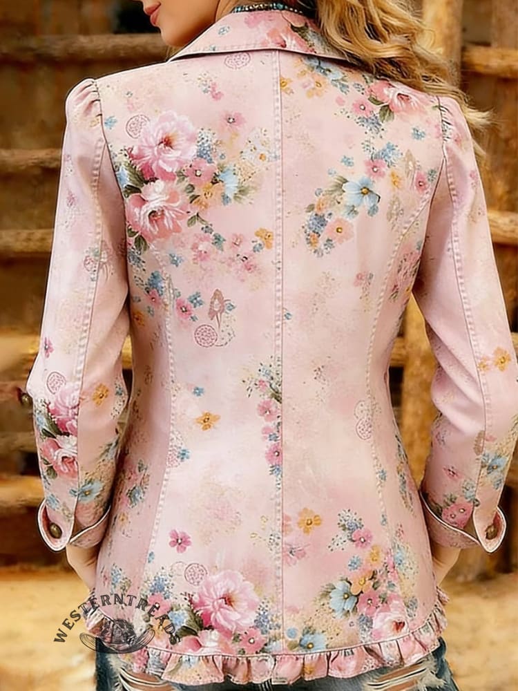 Vintage Floral Print Ruffle Trim Collared Jacket - Image 2