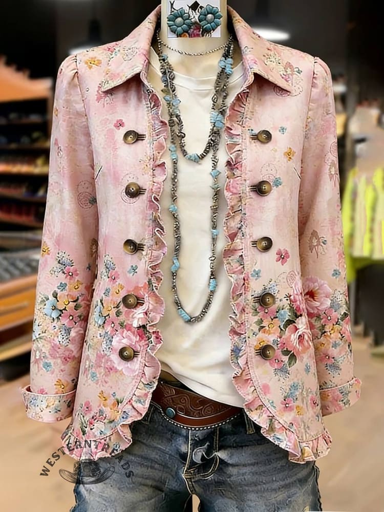 Vintage Floral Print Ruffle Trim Collared Jacket - Image 3