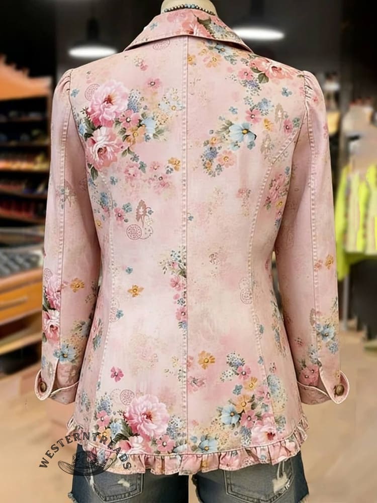 Vintage Floral Print Ruffle Trim Collared Jacket - Image 4