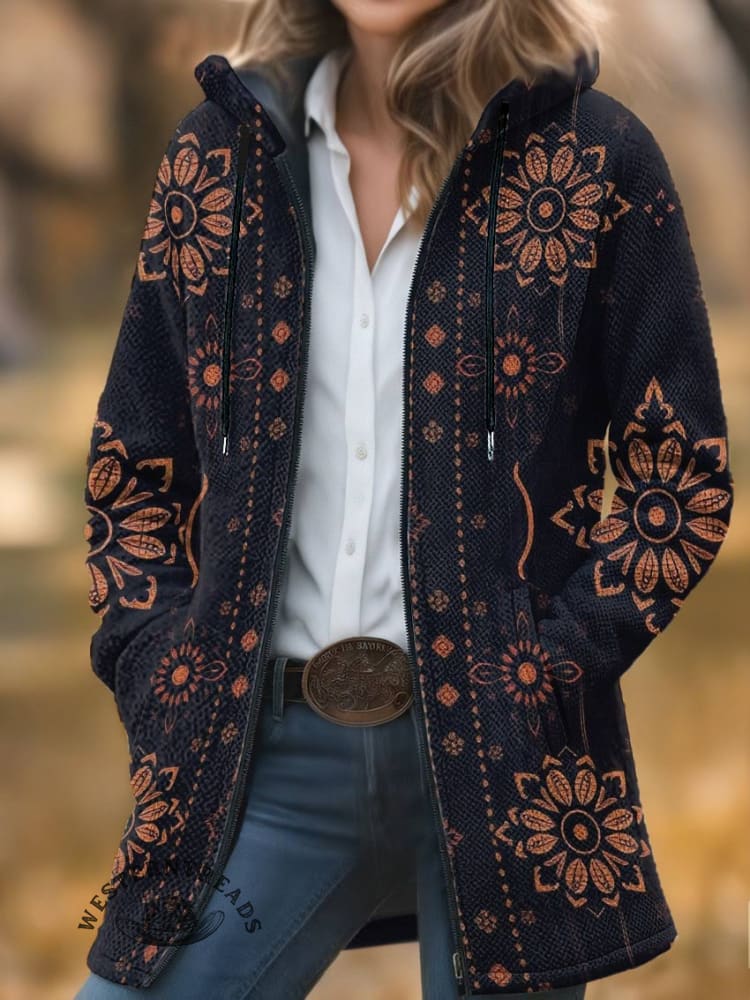 Vintage Floral Print Unisex Plush Thick Long-sleeved Cardigan Coat