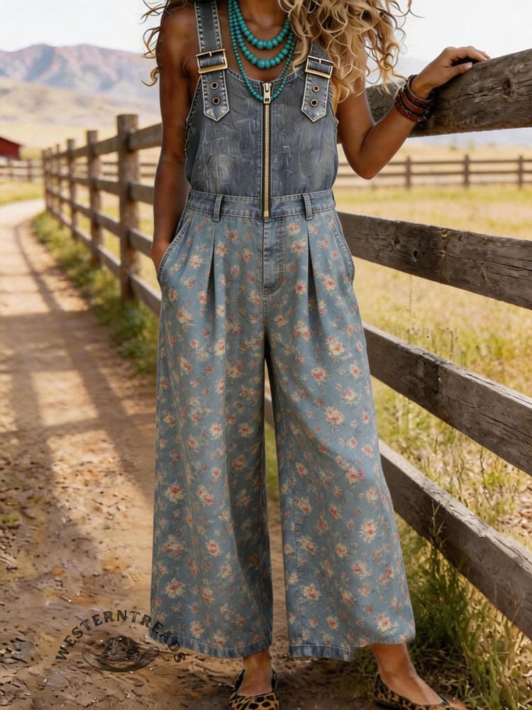 Vintage Floral Print Zip-up Jumpsuit