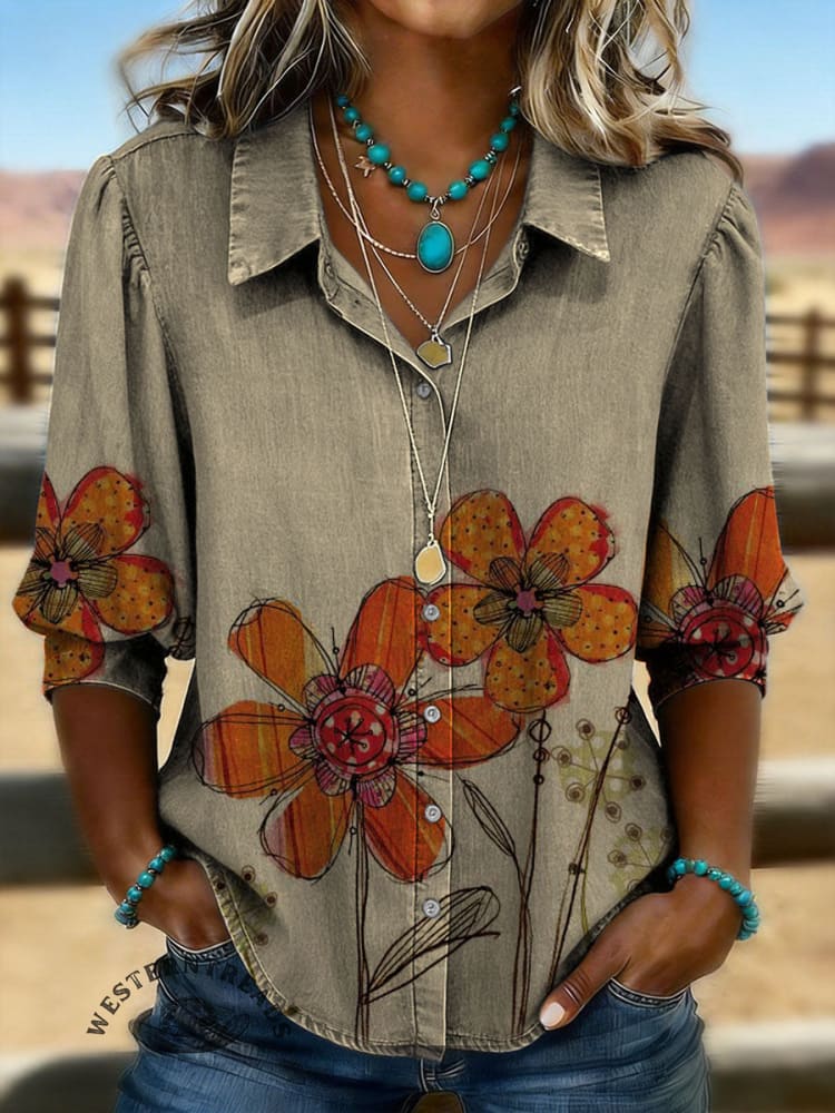 Vintage Floral Prints Casual Cotton Shirt