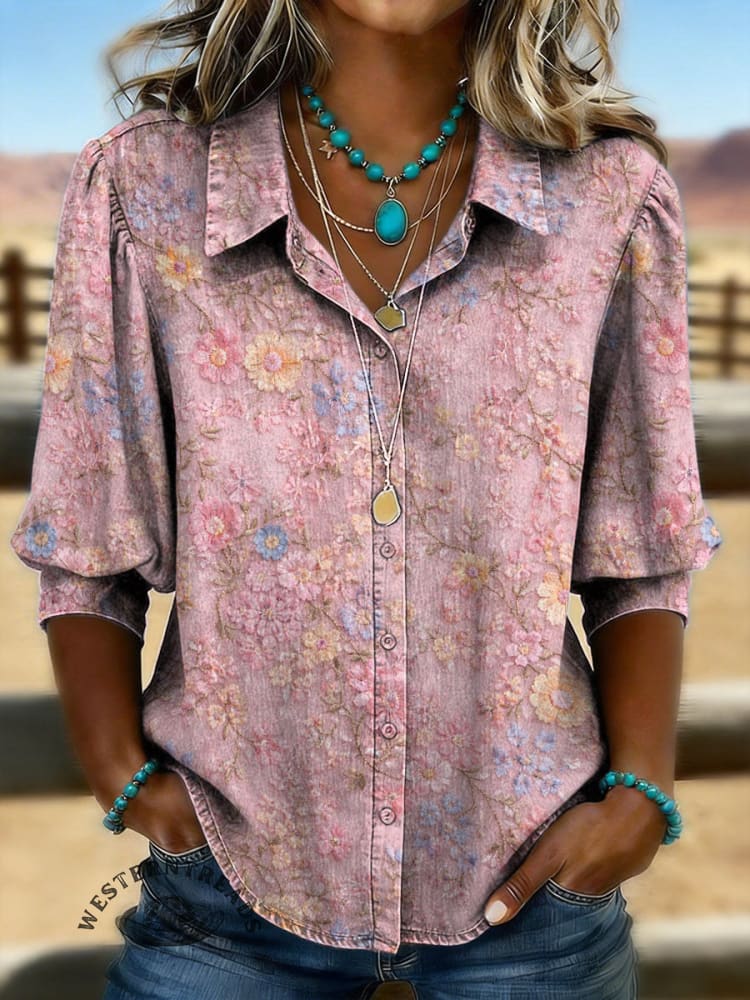 Vintage Floral Prints Casual Cotton Shirt