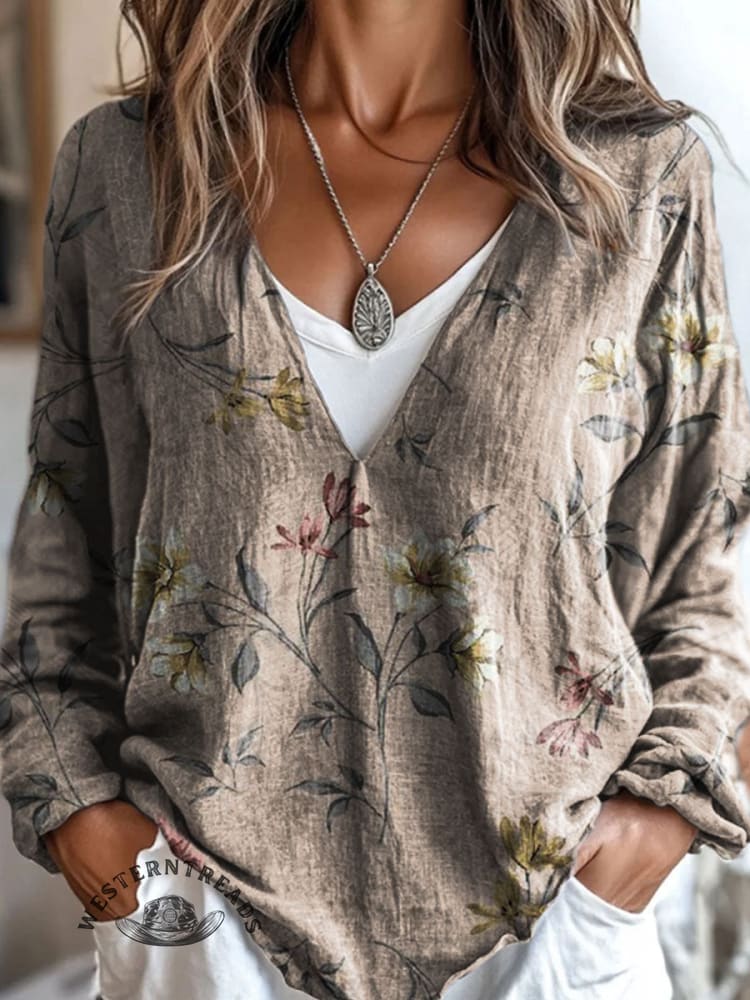 100%Cotton🍃Vintage Floral Prints Casual V-neck Long Sleeve T-shirt
