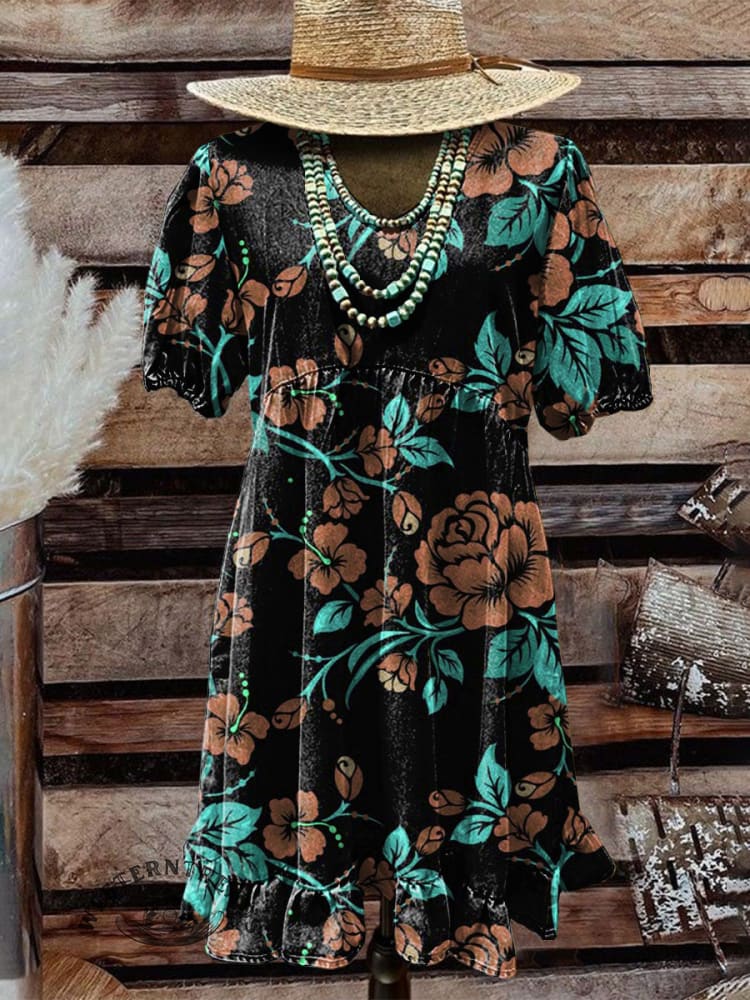 Vintage Floral Prints Pocket Cotton Dress