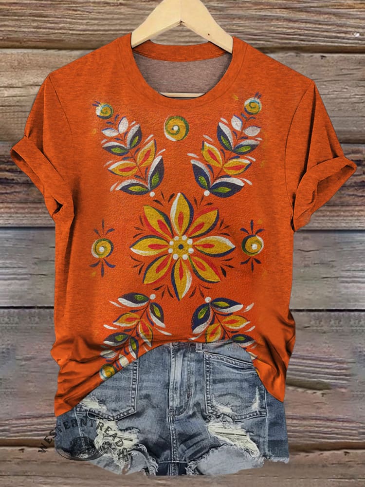 Vintage Folk Art Floral Prints Casual T-shirt