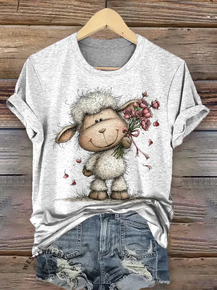 Vintage Funny Sheep Print Short-sleeved T-shirt