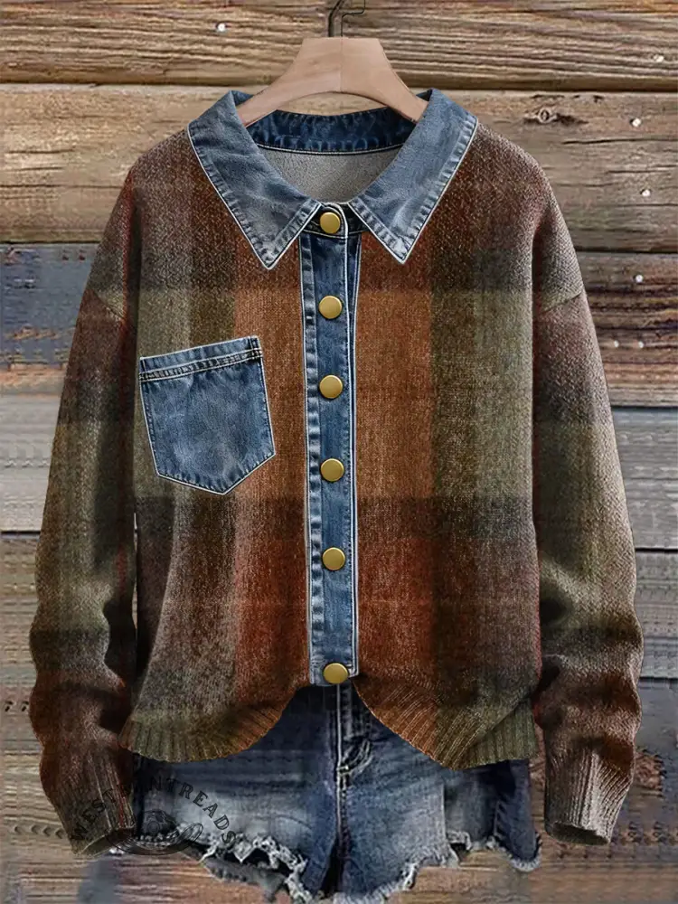 Vintage Geometric Grid Contrast Print Patchwork Denim Knit Pullover Sweater