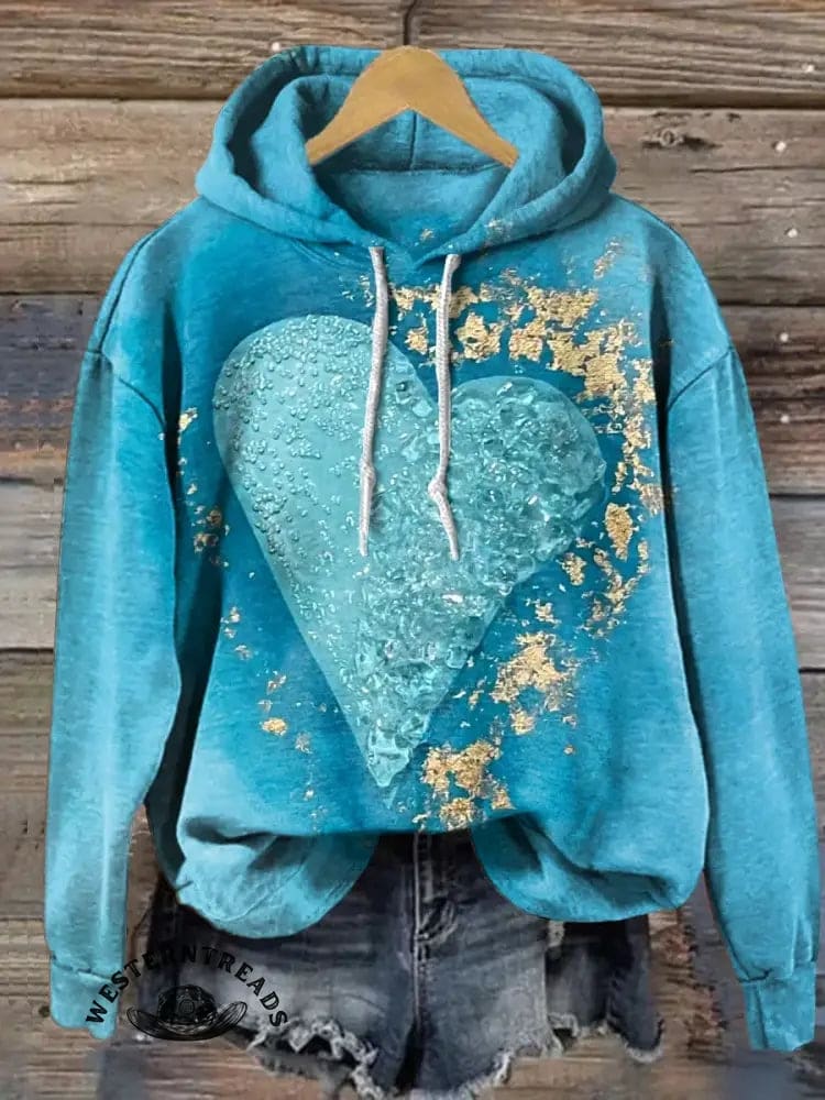Vintage Heart Art Print Casual Cotton Hooded Sweatshirt - Image 2