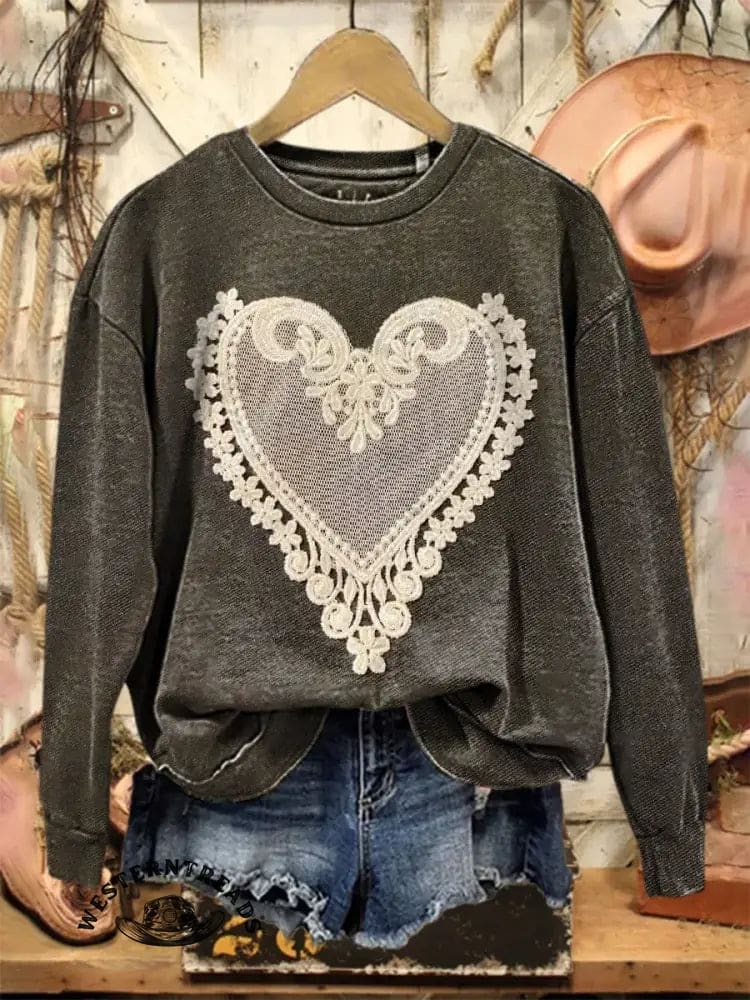 Vintage Heart Lace Art Print Sweatshirt - Image 3