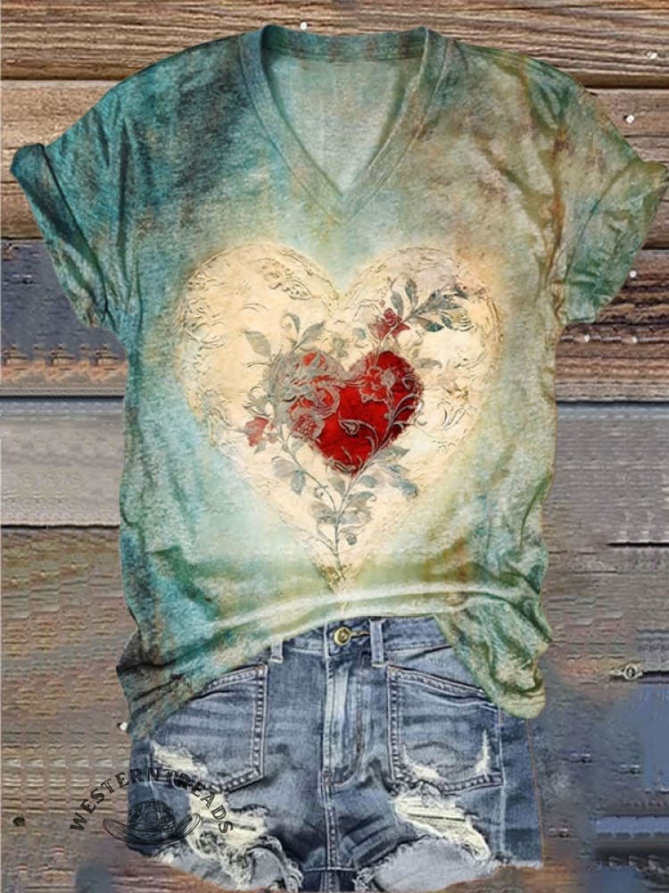 š„Limited Time Discountš„Vintage Heart Print T-shirt - Image 5