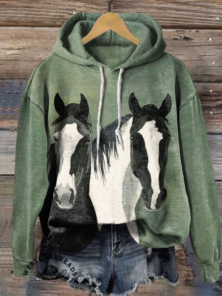 Vintage Horse Art Print Casual Cotton Sweatshirt - Image 3