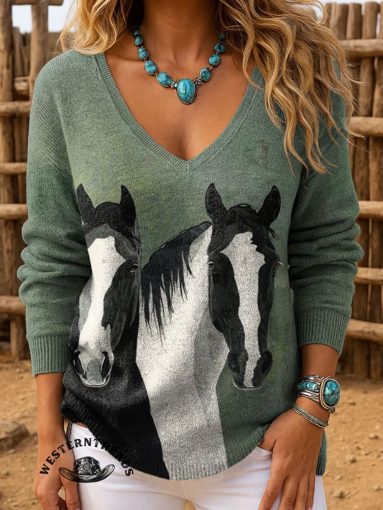 Vintage Horse Art Print Casual Cotton Sweatshirt - Image 4