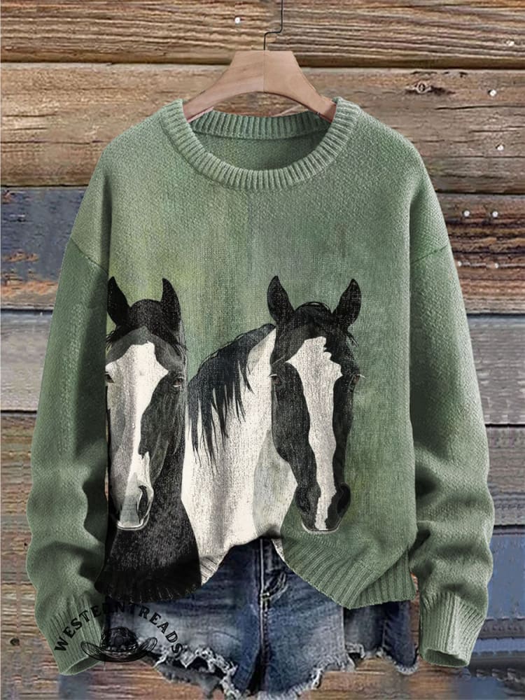 Vintage Horse Art Print Casual Cotton Sweatshirt - Image 5