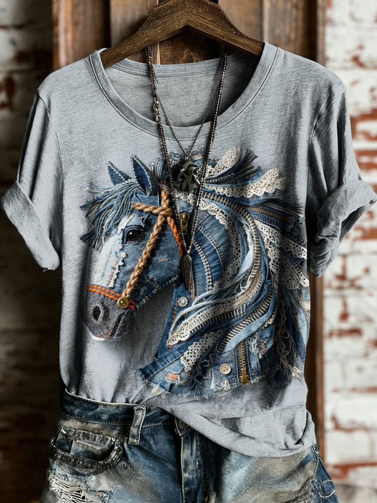 Vintage Horse Art Print Casual Short Sleeve T-shirt
