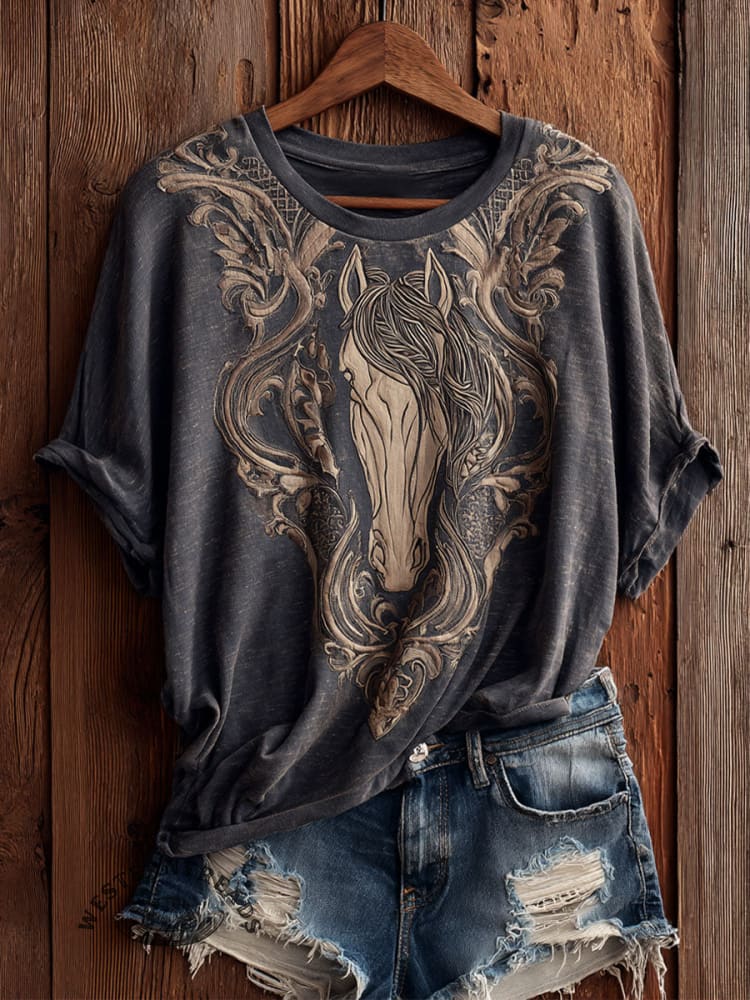 Vintage Horse Art Print Casual Short Sleeve T-shirt