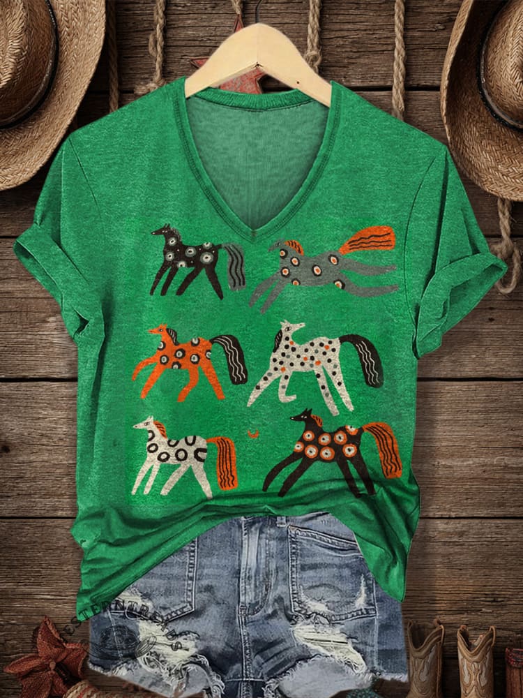 Vintage Horse Print Casaul Short Sleeve T-shirt