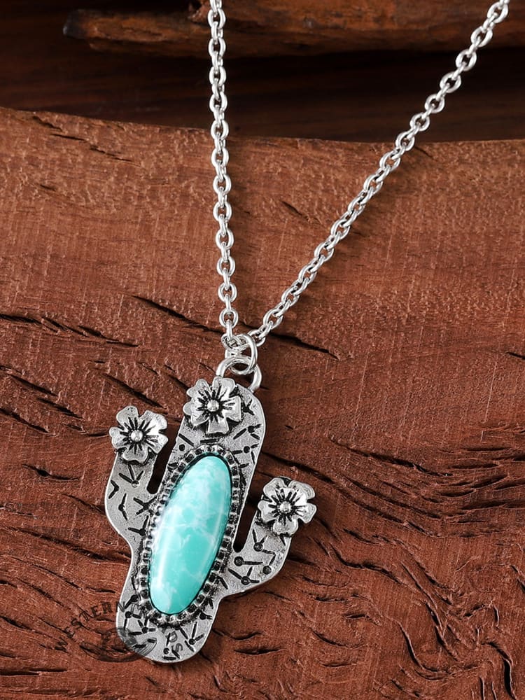 Vintage Inlaid Turquoise Cactus Pendant Necklace - Image 2