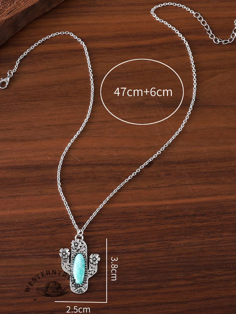 Vintage Inlaid Turquoise Cactus Pendant Necklace - Image 3