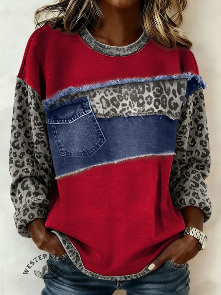 Vintage Leopard Denim Patchwork Casual Cotton Sweatshirt - Image 2