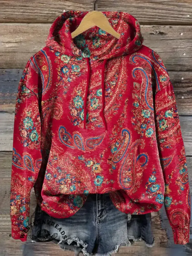 Vintage Paisley Art Print Casual Cotton Sweatshirt - Image 4