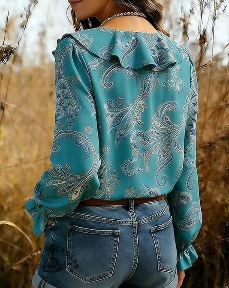 Vintage Paisley Ruffle V-neck Long Sleeve Top - Image 2