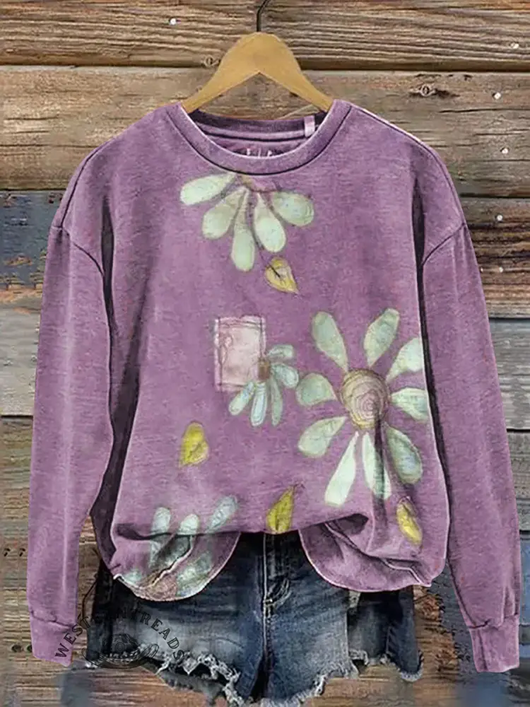 Vintage Patchwork Flowers Art Print Casual Cotton Sweatshirt