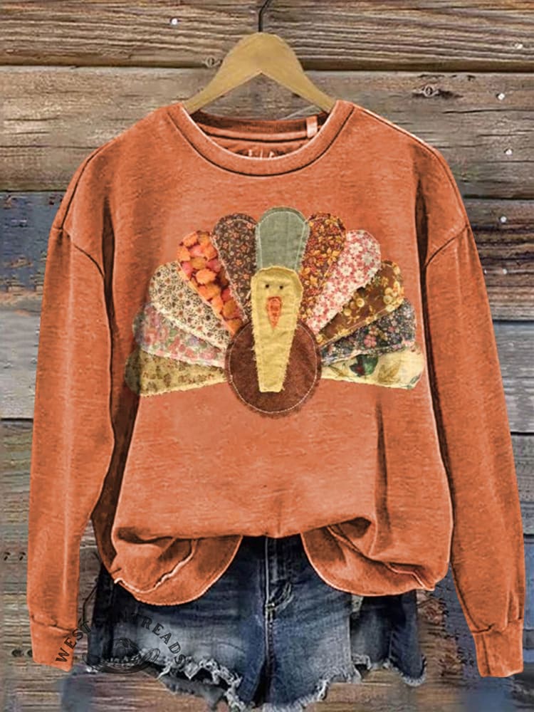 Vintage Patchwork Turkey Print Sweatshirt
