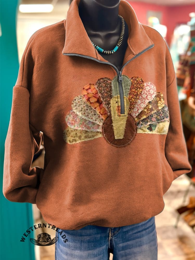 Vintage Patchwork Turkey Print Sweatshirt - Image 2