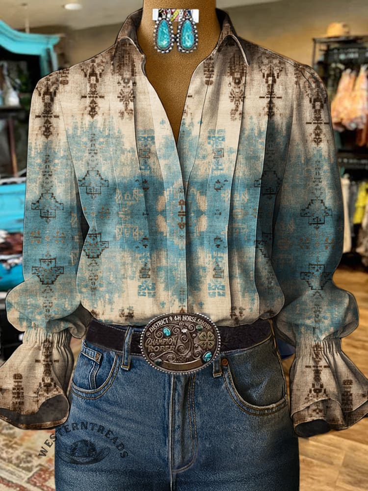 Vintage Print Casual Cotton And Linen Shirt