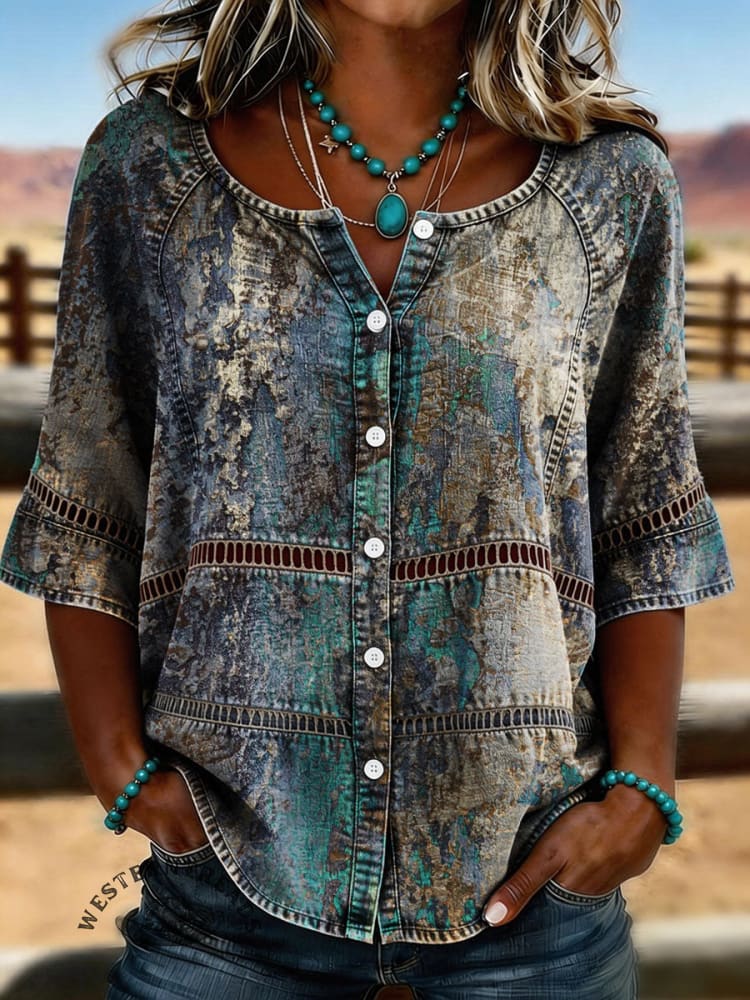 Vintage Print Casual Hollow-out Denim Shirt