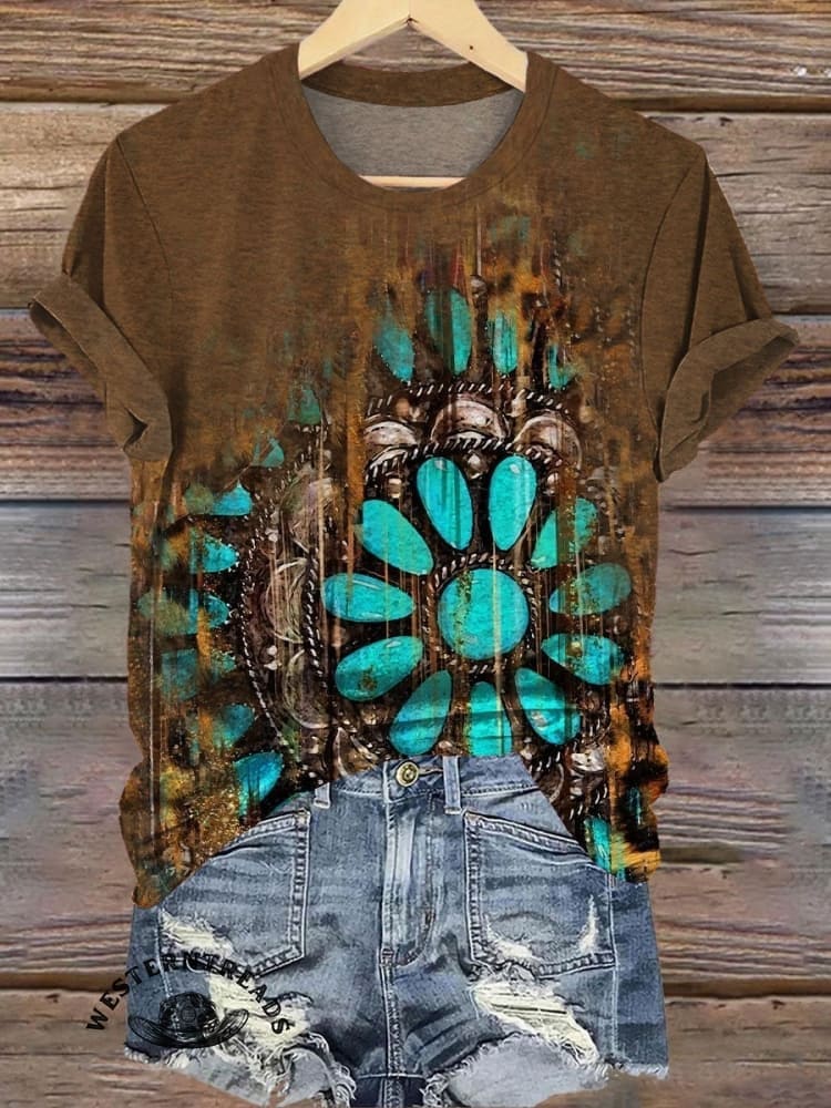 Vintage Turquoise Textured Print Casual V-Neck T-Shirt - Image 2