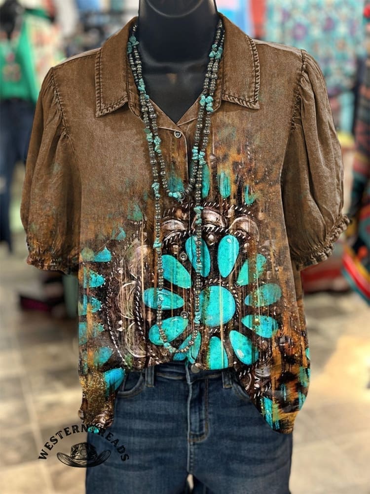 Vintage Turquoise Textured Print Casual V-Neck T-Shirt - Image 4
