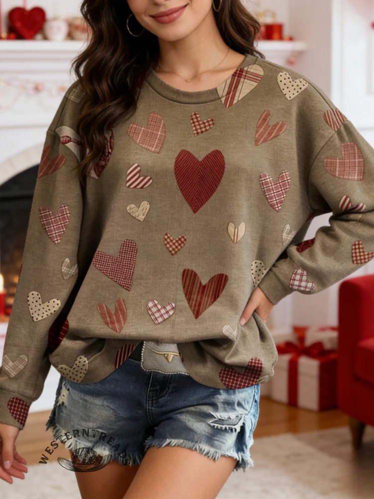 Vintage Valentine's Day Heart Pattern Casual Cotton Sweatshirt - Image 2