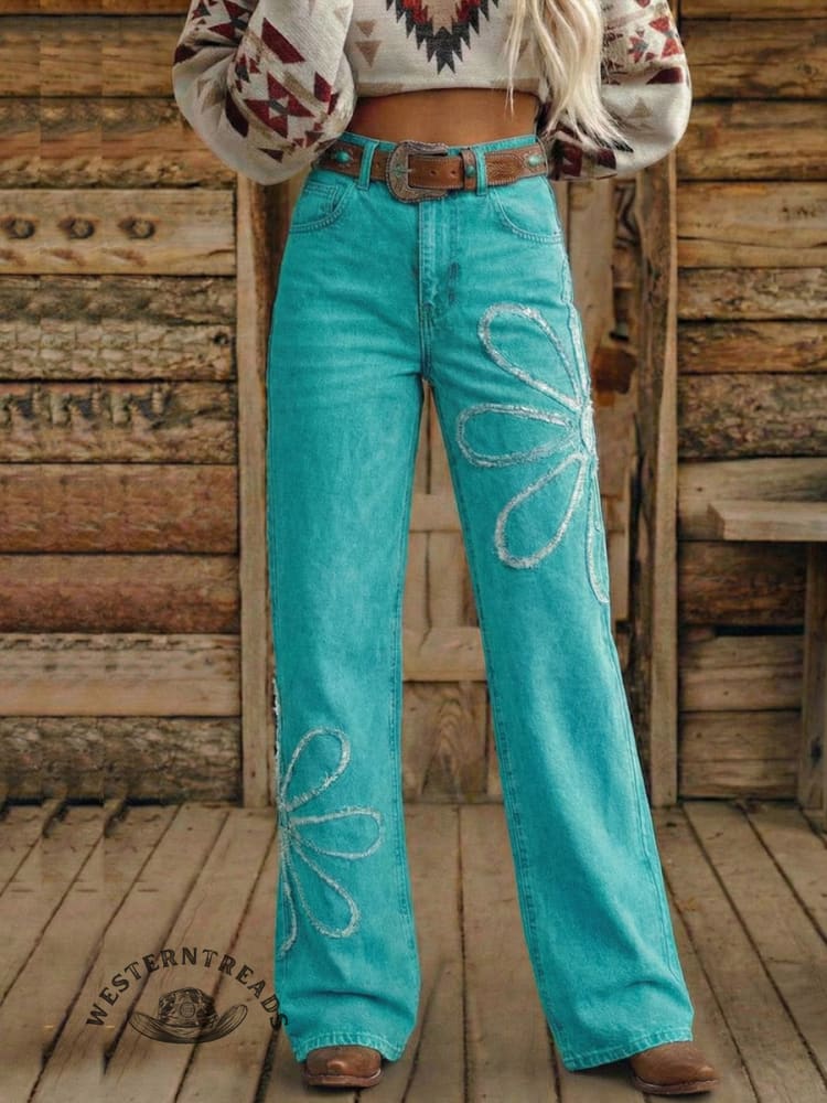 Vintage Western Art Buttons Denim Jeans - Image 2